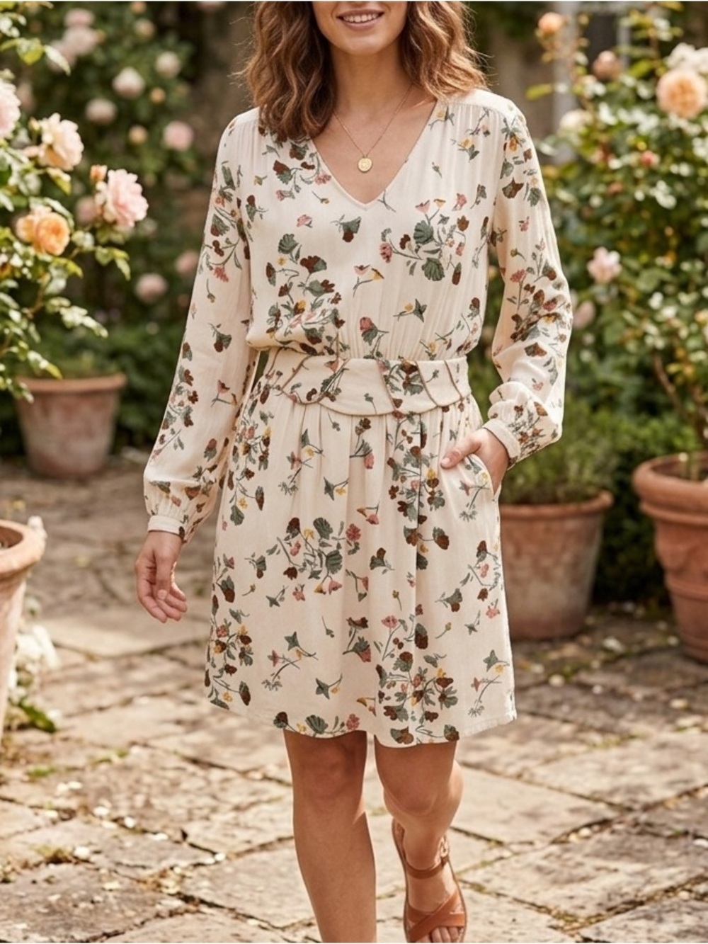 Louizon long-sleeve floral dress with faux belt design